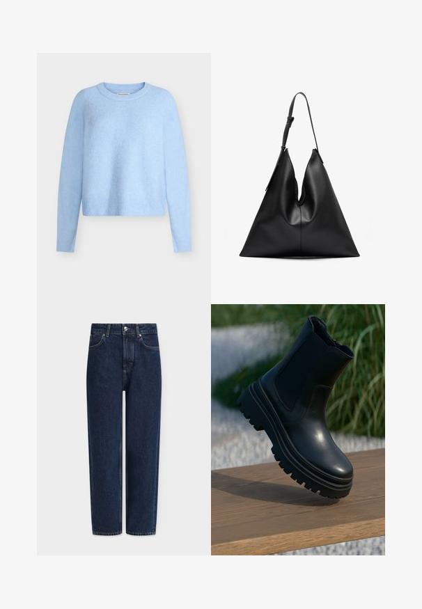 Šviesiai mėlynas trumpintas megztinis iš minkštos, tekstūruotos medžiagos. Turi ilgus rankovius bei ribinį apykaklės ir apačios raštą. Klasikinio raukšlėto apvalio kaklo dizainas.; Tamsiai mėlyni džinsai iš džinsinio audinio su tiesiomis kelnėmis, aukštu liemeniu, sidabro spalvos detalėmis, priekinėmis kišenėmis ir subtiliomis siuvimo detalėmis. Klasikinis penkių kišenių dizainas.; Juodos odinės aulinės botai su masyviu padu, elastingomis šoninėmis detalėmis ir lygia apdaila. Iškeltas dizainas su kontrastu pateikta pado detale.; Juoda odinė trikampio formos rankinė su viena reguliuojama petneša ir minkšta, šiek tiek susmukusia struktūra.; Auksu padengti auskarai, turintys įvairių geometrinių formų mišinį: kvadratą, ratą ir sujungtus ovalus su poliruotu paviršiumi.