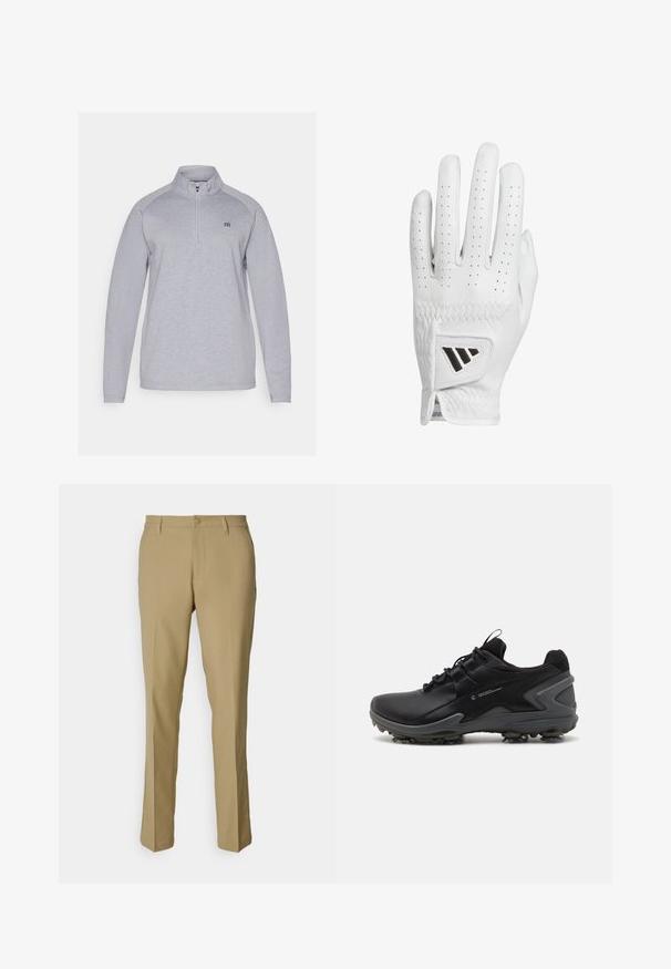 Sudadera de color gris claro con cuello de media cremallera, mangas largas y un logo sutil. Fabricada con una tela suave y texturizada.; Pantalones caqui de tejido suave, con un diseño clásico, perneras rectas, cierre de botón y dos bolsillos laterales.; Deportivas negras con una parte superior de sintético suave, cuello de malla texturizada y suela de goma con picos de tracción moldeados.; Guante de golf de cuero blanco con dedos perforados, costuras texturizadas y un logo de acento negro en la muñeca. Diseño ceñido para un mejor agarre.