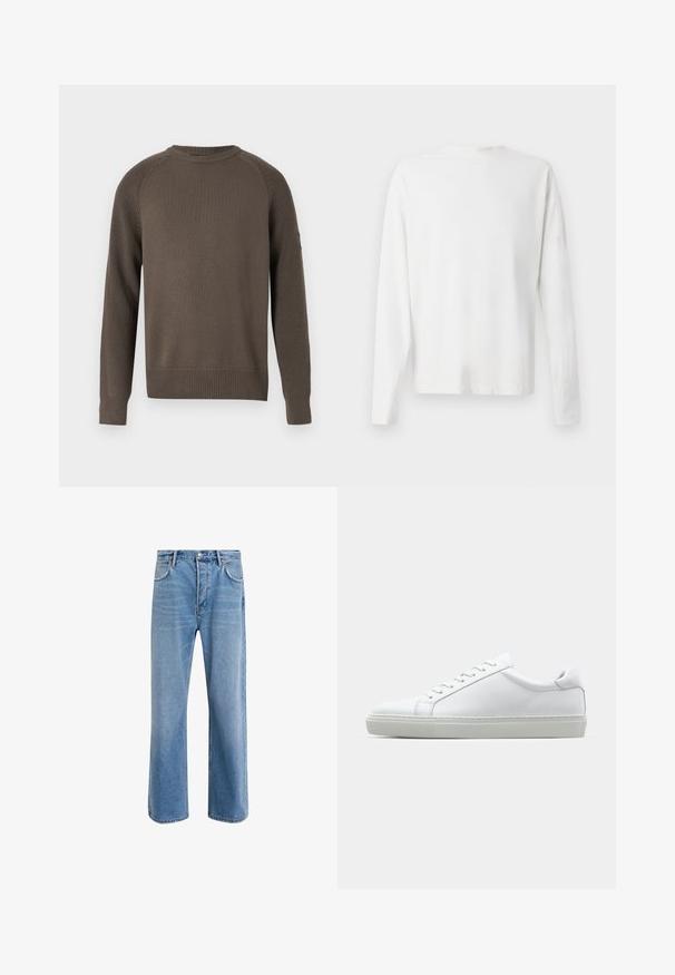 Brązowy sweter z długim rękawem i okrągłym dekoltem, wykonany na drutach, z teksturowanym ściągaczem przy mankietach, dole i ramionach, wyeksponowany na gładkim tle.; Biała, bawełniana koszula z długim rękawem, okrągłym dekoltem, bocznymi rozcięciami na dole oraz gładką fakturą, wyeksponowana z tyłu.; Jasnoniebieskie dżinsy o prostym kroju, pięć kieszeni, zapięcie na guzik, minimalne blaknięcia i kontrastowe wykończenia szwów.; Białe sneakersy z gładką skórzaną cholewką i niskim profilem. Posiadają okrągły nos, sześć dziurek na sznurówki oraz teksturowaną gumową podeszwę.