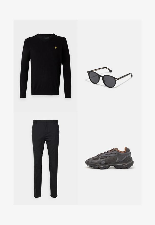 Pulover negru cu decolteu în V dintr-un material moale, având mâneci lungi și un logo brodat galben pe pieptul stâng. Design simplu.; Pantaloni negri, croiți, cu o potrivire dreaptă, dintr-un material neted. Au curea de brâu și detaliu de pliuri pe față.; Adidași Lacoste de culoare gri închis, din material mesh și sintetic, cu o talpă texturată și accente maronii pe guler și branding.; BOSS Ochelari de soare - black