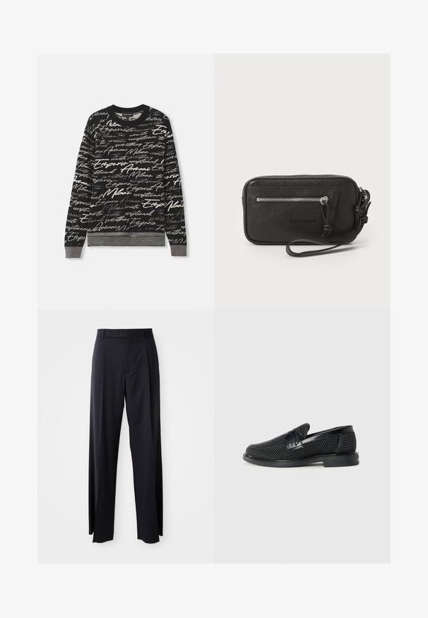 Černý svetr s texturovaným vzorem bílého rukopisného písmene. Žebrované manžety a pas, kulatý výstřih, středně těžká tkanina.; Černé kalhoty s vysokým pasem a širokým střihem, vyrobené z hladké látky. Mají přední sklady a poutka na opasek. Minimalistický design, bez viditelného kovového hardwaru.; Černé pletené nazouvací boty s hladkým koženým akcentem na svršku, kulatou špičkou a nízkoprofilovou gumovou podrážkou.; Černá kožená kabelka s texturovaným povrchem, přední kapsou na zip a odnímatelným zápěstním poutkem. Na přední straně se nachází logo. Obdélníkový tvar.