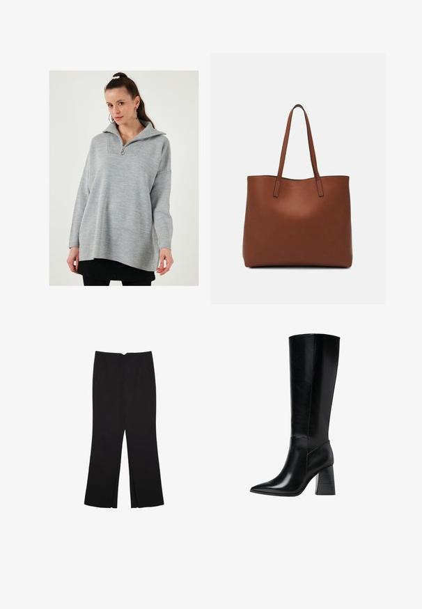 Pullover grigio chiaro con colletto alto e mezza zip. Presenta un pannello testurizzato all'altezza del collo e una vestibilità ampia e rilassata.; Pantaloni neri a gamba dritta, con tasche frontali e spacchi laterali all'orlo. Realizzati in tessuto morbido e liscio. Adatti a diverse occasioni.; Stivali neri in pelle al ginocchio con punta affilata, texture liscia e tacco robusto scalanato per stabilità. Design elegante con accentuazioni minime.; Borsa tote in pelle marrone con texture liscia, design con apertura superiore e due spallacci. Presenta cuciture minime e nessun hardware visibile.