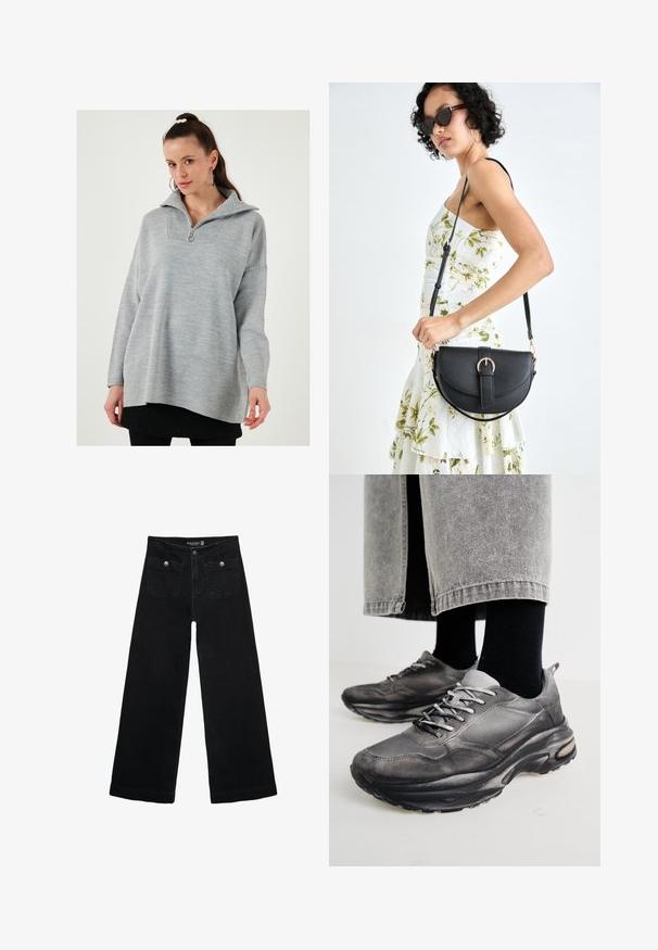 Pullover grigio chiaro con colletto alto e mezza zip. Presenta un pannello testurizzato all'altezza del collo e una vestibilità ampia e rilassata.; Jeans neri a gamba larga con vita alta, dotati di due tasche frontali e dettagli in metallo sui bottoni. Il tessuto ha una texture liscia.; Le scarpe da ginnastica nere e grigie presentano una tomaia in rete, suole spesse e lacci. Hanno una punta arrotondata e un dettaglio di ammortizzazione visibile.; Borsa a tracolla nera in pelle con una forma curva, manico rimovibile e accessori dorati. La borsa presenta una patta con un dettaglio a fibbia.
