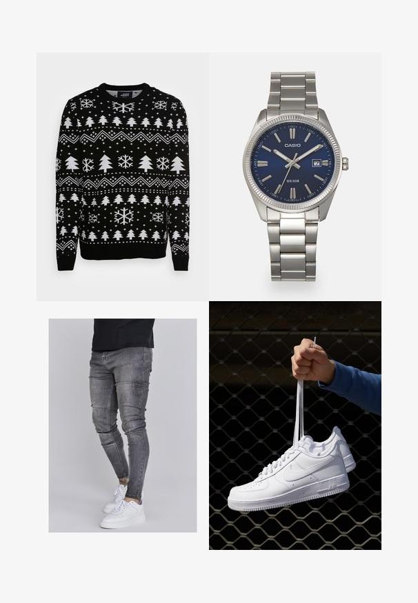 Denim Project X MAS TREE - Džemper - black; Kitsad teksad tuhmhall denimil, millel on kulunud detailid põlvedes, koos valgete tossudega. Sile tekstuur, kitsas lõige.; Valged nahast tennisetossud, millel on perforatsioonid, ümar nina, lame tallus ja paksud nöörid, nähtava swooshi logoga ja "AIR" kontsadel.; Hõbedane roostevabast terasest käekell, tumesinise lõpliku, metallsete tuntud numbrite ja kuupäevanäidikuga kell 3 juures. Veekindel kuni 50 meetrit.