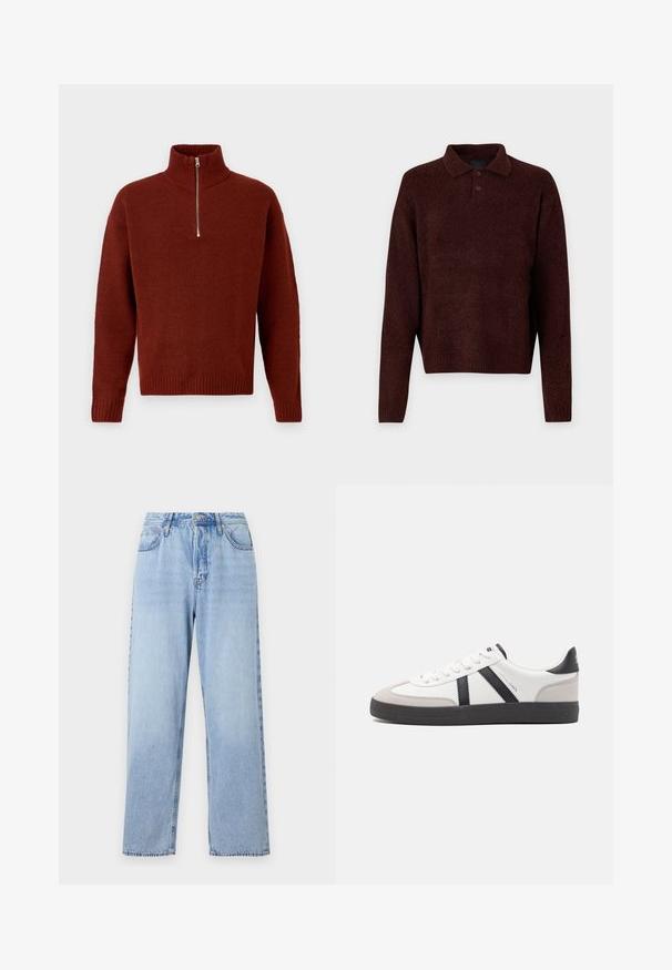 Jack & Jones JOROLLIE HALF ZIP - Pullover - dark brown; Pull en maille brun avec col polo, trois boutons au cou, et manches longues. Texture douce, poignets et ourlet à côtes.; Jean en denim bleu clair avec une coupe droite, taille haute, cinq poches et fermeture par bouton supérieur. Présente un effet délavé et des coutures contrastées.; Baskets blanches avec des accents noirs et gris, présentant un embout texturé gris, une semelle en caoutchouc noir et des lacets plats blancs. Design épuré, style minimaliste.