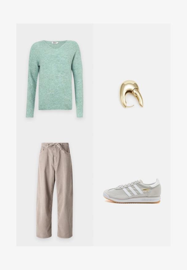 Mátově zelený žebrovaný svetr s výstřihem do V, dlouhými rukávy a jemnou strukturou, s volným střihem a minimalistickým designem.; Béžové kordové kalhoty s volným střihem, se šňůrkovým pasem, dvěma předními kapsami a vertikálně proužkovanou texturou.; Světlé šedé tenisky vyrobené z semiše a síťoviny, se třemi bílými pruhy, kulatou špičkou a gumovou podrážkou. Zlatý logo akcent u šněrování.; Náušnice ve zlatém tónu z kovu s elegantním zakřiveným designem. Vyznačují se jedinečným špičatým tvarem, lesklým povrchem a závěsem na kloub.