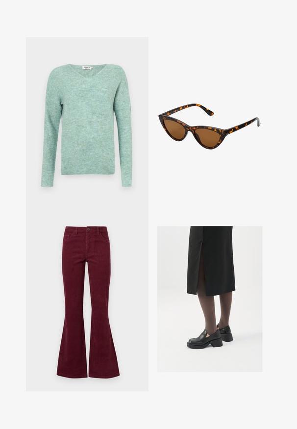 Mėtų žalia glotnaus rašto megztinis su V formos iškirpte, ilgomis rankovėmis ir minkšta tekstūra, pasižymintis laisvu siluetu ir minimalistiniu dizainu.; Burgundiškos aksominės platėjančios džinsai su penkiomis kišenėmis, priekiniais mygtukais ir tekstūruota medžiaga. Platėjimas prasideda nuo kelio iki apvado.; Juodos odinės bateliai su apvaliu nosiu, stora blokine pakulne ir elastingais šonais, derinami su tamsiomis pėdkelnėmis ir juoda sijonu su plyšiu.; Katės akies saulės akiniai su juodu ir oranžiniu šarvuotu rėmeliu, ruda objektyvu ir elegantiškais, smailiais galiukais. Rėmelyje yra minimalus logotipas ant šventės.