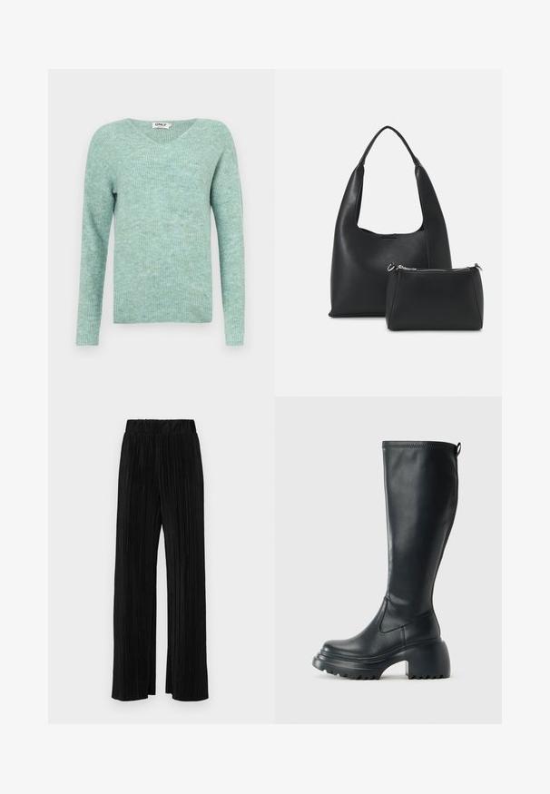 Pulover ribbed de culoare verde menta, cu decolteu în V, mâneci lungi și textură moale, având o croială lejeră și un design minimal.; Pantaloni negri plisati cu talie elastică. Prezintă picioare largi și un material neted, texturat, cu dungi verticale.; Cizme lungi din piele neagră cu talpă platformă masivă și tocul pătrat, având un tab de tragere și un model texturat pe talpa exterioară.; Even&Odd Geantă de mână - black