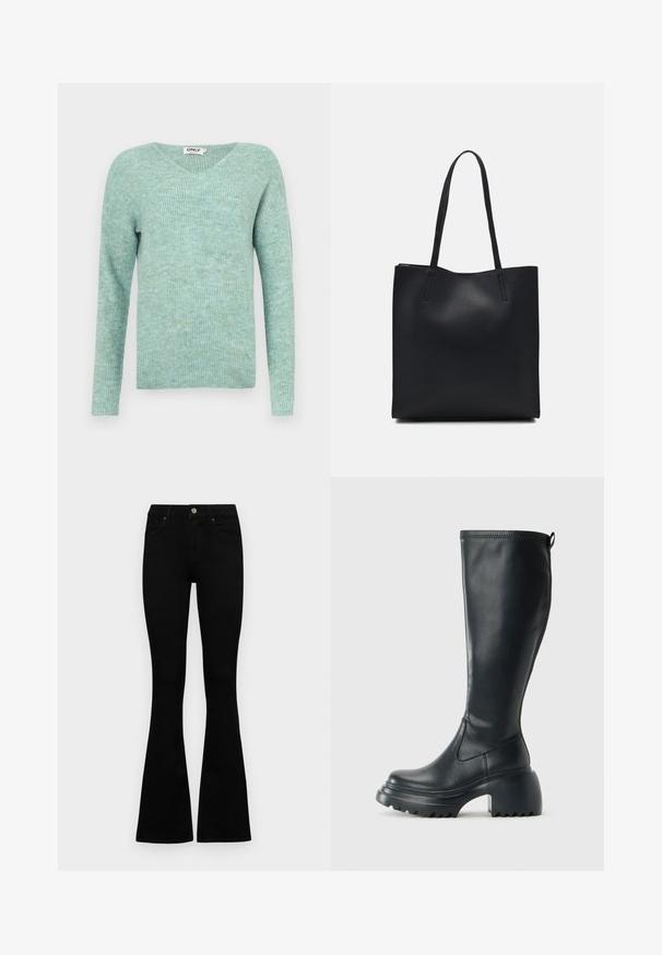 Miętowo-zielony, prążkowany sweter z dekoltem w kształcie V, długimi rękawami i miękką fakturą, charakteryzujący się luźnym krojem i minimalistycznym stylem.; Czarne, wysokie dżinsy z guzikem i zamkiem błyskawicznym, z przednimi kieszeniami i rozszerzanymi nogawkami, leżące płasko na białym tle.; Wysokie czarne skórzane botki z masywną platformą i słupkowym obcasem, z uchwytem i teksturowanym bieżnikiem na podeszwie.; Czarna skórzana torba tote o gładkiej fakturze, prostokątnym kształcie i dwóch długich uchwytach. Brak widocznych elementów metalowych i ozdób.