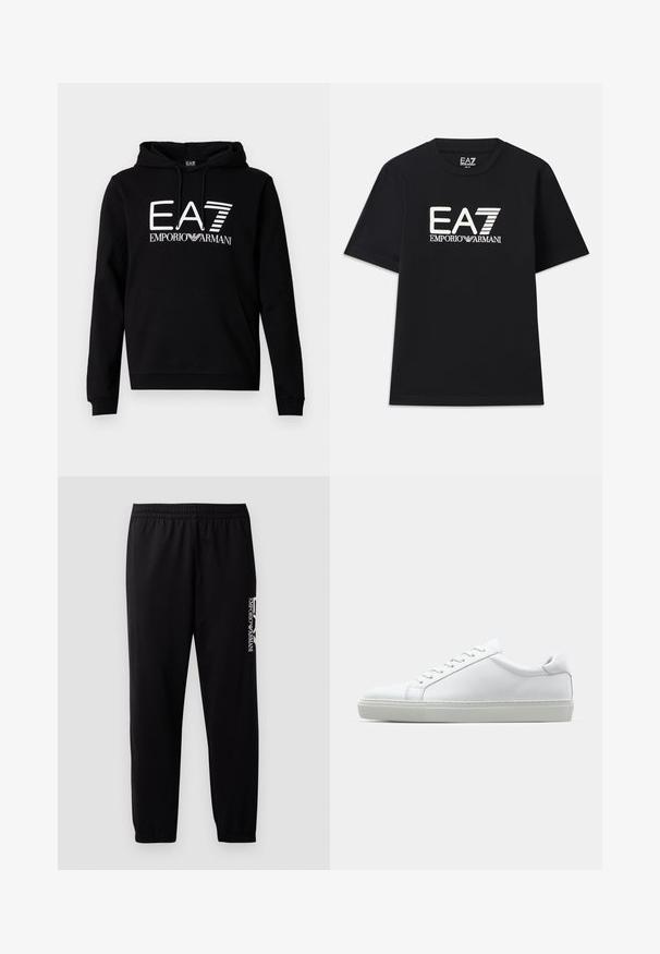 Črnen pulover s kapuco in sprednjim žepom v obliki kenguruja. Na prsih izrazit bel napis "EA7 EMPORIO ARMANI". Iz bombažnega mešanega materiala.; Črna majica iz bombaža, s krojenim ovratnikom in kratkimi rokavi. Izvezena oznaka "EA7 EMPORIO ARMANI" v beli barvi na sprednji strani.; Črne športne hlače iz gladkega blaga, z elastičnim pasom in manšetami ter kontrastnim logotipom natisnjenim na strani.; Bela športna obutev z gladkim usnjenim zgornjim delom in nizkim profilom. Ima zaokrožen nos, šest lukenj za vezalke in teksturiran gumijast podplat.