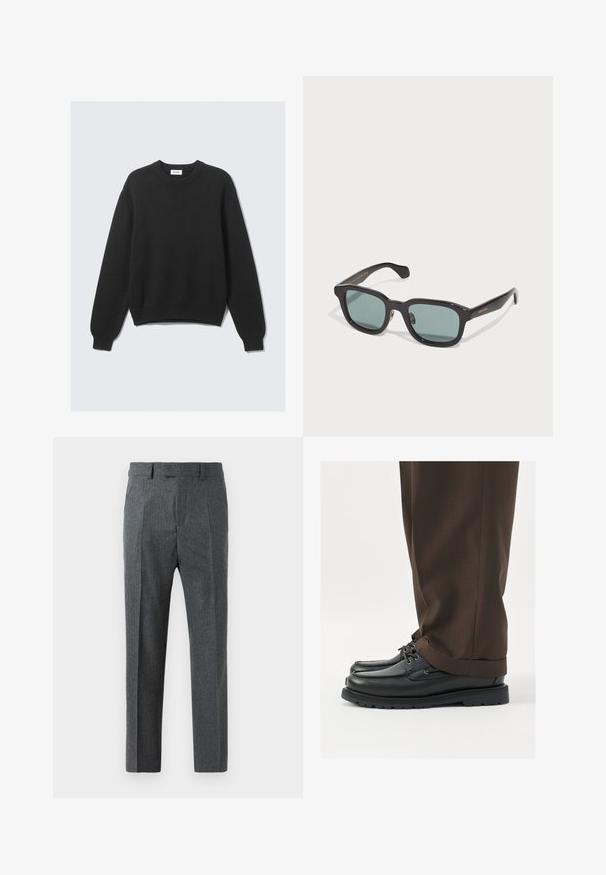 Schwarzer, langärmliger Strickpullover mit Rundhalsausschnitt, gerippten Bündchen und Saum, flach auf einem hellen Hintergrund ausgelegt.; Graue maßgeschneiderte Hose mit feinem Karomuster, geradem Schnitt und glatter Stoffoberfläche. Mit Gürtelschlaufen und Reißverschluss. ; Schwarze Lederschuhe mit runder Spitze, Schnürsenkeln und einer stabilen Gummisohle, kombiniert mit braunen maßgeschneiderten Hosen.; Schwarze rechteckige Sonnenbrille mit grünen Gläsern, glänzender Oberfläche und dezentem goldenen Branding an der Fassung.