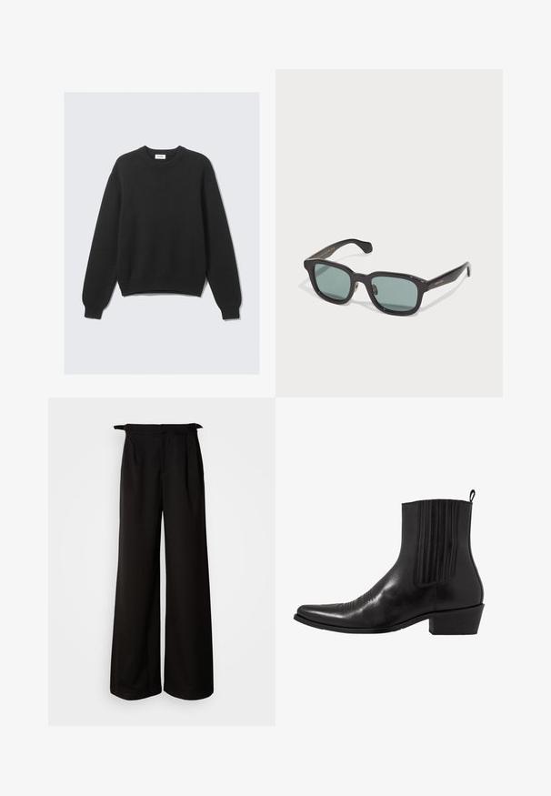 Sort langærmet striktrøje med rund hals, ribbede manchetter og kant, lagt fladt mod en lys baggrund.; Sorte vide benbukser med høj talje, prydet med folder og bindebånd på siderne, lavet af et glat, struktureret stof.; Sort læder ankelstøvle med spids tå, elastiske sidepaneler, lodrette stikninger og en lav blokhæl.; Sorte rektangulære solbriller med grønne linser, der har en glansfuld finish og diskret guldbranding på stellet.; Sort glat læder tote taske med to skulderremme, rektangulær form og subtil syning på en hvid baggrund.