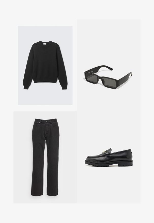 Black long-sleeve knit sweater with crew neck, ribbed cuffs, and hem, laid flat against a light background.; Black denim jeans with a straight leg design, featuring a front button closure, belt loops, and two side pockets. Textured fabric.; Black leather loafers with a smooth finish, round toe, a decorative strap with gold hardware, and a rugged black sole.; Black sunglasses with rectangular lenses, matte plastic frame, and straight edges. Features brand logo on the inner arm.