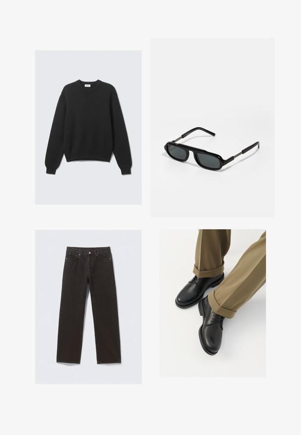 Fekete, hosszú ujjú kötött pulóver kerek nyakkal, bordázott mandzsettákkal és szegéllyel, világos háttérre fektetve.; Fekete farmernadrág egyenes szabással, öt zsebbel és rézszínű varratokkal. Simaszerű textúra, klasszikus gombos záródás a deréknál.; Fekete bőröntyös cipők sima felülettel, fűzővel és kerek orral, feltekerhető khaki nadrággal párosítva.; Fekete napszemüveg éles keretekkel, sötét lencsékkel és metálos karokkal, melyek gravírozott részletekkel rendelkeznek. Simára polírozott, fényes felület, merész dizájn.