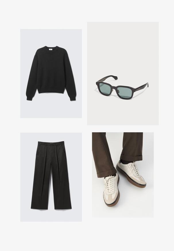Maglione in maglia nero a maniche lunghe con collo rotondo, polsini e orlo ribattuti, steso su uno sfondo chiaro.; Pantaloni a gamba larga neri con una texture liscia, dotati di due tasche frontali e una vita leggermente rialzata.; Sneakers beige con una parte anteriore in suede testurizzato, lati in pelle liscia e una suola in gomma marrone. Inclusi lacci e dettagli di cucitura leggera.; Occhiali da sole rettangolari neri con lenti verdi, con una finitura lucida e un sottile logo dorato sulla tempia.