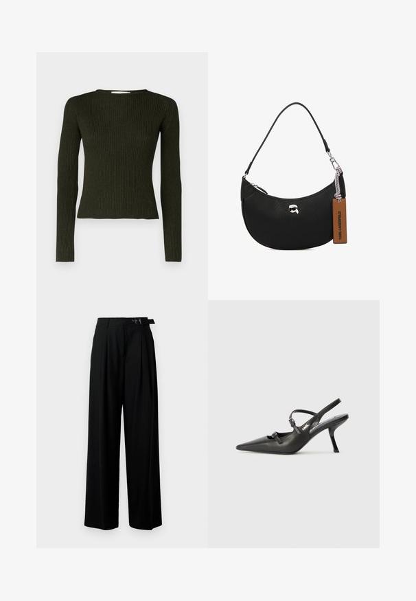 Σκούρο πράσινο ριγωτό πλεκτό πουλόβερ με μακριά μανίκια και στρογγυλή λαιμόκοψη, εφαρμοστή γραμμή και λεία υφή. Απλός και μινιμαλιστικός σχεδιασμός.; Μαύρο παντελόνι με φαρδιά πόδια και ψηλή μέση, πτυχές μπροστά και ζώνη με αγκράφα. Κατασκευασμένο από μαλακό, ελαφρύ ύφασμα.; Μαύρες δερμάτινες γόβες slingback με μυτερή μύτη, λεπτό τακούνι και διακοσμητική αγκράφα στο επάνω μέρος. Λείος υφής και κομψός σχεδιασμός.; Μαύρη δερμάτινη τσάντα χειρός με υφή βότσαλου, καμπυλωτό σχήμα, κλείσιμο με φερμουάρ στην κορυφή, ασημένια μεταλλικά μέρη και καφέ ετικέτα. Έχει χαρακτηριστικό λογότυπο.