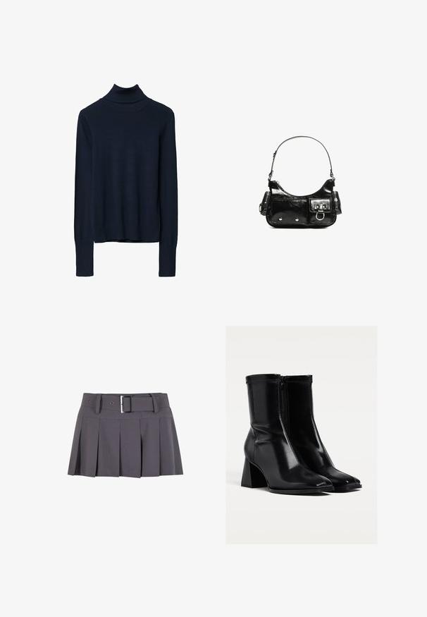 Granatowy sweter z golfem wykonany z gładkiej dzianiny, z długimi rękawami i ribbami na mankietach oraz na dole.; Szara plisowana mini spódnica o gładkiej fakturze, z szerokim pasem, pętlami na pasek i prostokątnym srebrnym zapięciem.; Czarne buty za kostkę wykonane z błyszczącej skóry, z średnią blokową obcasem, zapięciem na zamek błyskawiczny oraz spiczastym noskiem. Gładka tekstura z minimalnym przeszyciem.; Czarna torebka z lakierowanej skóry o zaokrąglonym kształcie, z jednym paskiem na ramię, przednimi kieszeniami i akcentami w kolorze srebrnym.