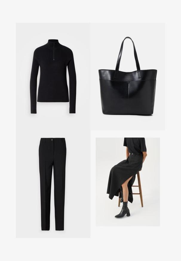 Pullunder nero a maglia con colletto alto e mezza cerniera, caratterizzato da una texture a coste e maniche lunghe. Design semplice e aderente.; Pantaloni neri su misura con un design a gamba dritta, dotati di chiusura a bottone e passanti per la cintura, realizzati in tessuto liscio.; Gonna maxi in lino nera con uno spacco alto, indossata con una t-shirt nera e stivaletti neri. Design minimalista con una vestibilità rilassata.; Borsa a tracolla in pelle nera con due manici lunghi, una texture liscia e una forma strutturata. Presenta una tasca frontale per ulteriore spazio di archiviazione.