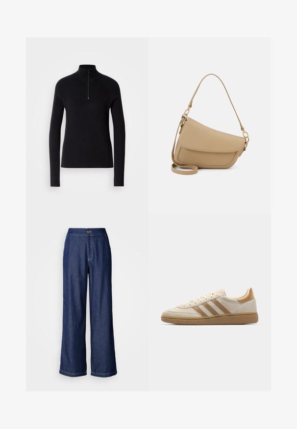 Pullover preto de malha com colarinho alto e fecho de zíper a meio, apresentando uma textura canelada e mangas longas. Design simples e ajustado.; Calças de ganga de perna larga em azul escuro com fecho de botão na cintura, costura contrastante e uma textura suave. Cortadas para um ajuste relaxado.; Sapatilha em camurça bege com acentos em castanho claro. Apresenta três riscas castanhas, sola de borracha texturizada e design de bico arredondado.; Even&Odd Mala de mão - beige