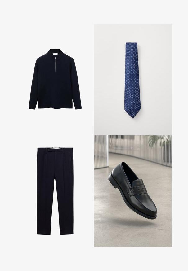 Navy Pullover mit langen Ärmeln, hohem Kragen und einem halben Reißverschluss vorne. Hergestellt aus glattem Stoff mit lockerer Passform und seitlichen Schlitzen am Saum.; Weißes langärmliges Hemd mit Knopfleiste und spitzen Kragen, das eine glatte Textur aufweist und sieben Knöpfe vorne hat.; Marineblaue Hose mit geradem Beinschnitt, doppelten Falten und einem Knopfverschluss an der Taille. Hergestellt aus einem glatten, ungemusterten Stoff.; Schwarzer Lederloafer mit glatter Textur, spitzer Zehe und einem dekorativen Riemen über dem Rist. Leichte Sohle, minimalistisches Design.; Marineblaue Krawatte mit einem kleinen weißen Punktenmuster, aus glattem Stoff, mit spitzem Ende und im Standardbreiten-Design.