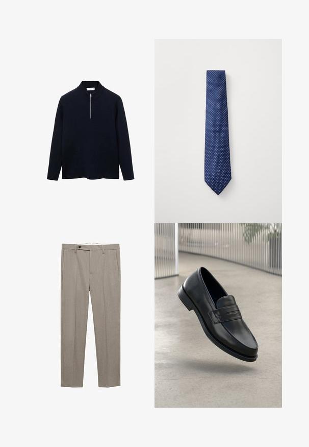 Námořnický pulovr s dlouhými rukávy, vysokým límcem a předním zipem do poloviny. Vyroben z hladké látky s volným střihem a bočními rozparky na spodním lemu.; Bílá košile s dlouhým rukávem a špičatým límečkem, která má hladký povrch a sedm knoflíků vpředu.; Béžové kalhoty na míru s hladkou texturou, rovného střihu a jedním zapínáním na knoflík vepředu. Obsahují boční kapsy a čistý lem.; Černá kožená mokasína s hladkou texturou, špičatou špičkou a ozdobným páskem přes nárt. Lehká podrážka, minimalistický design.; Námořnická modrá kravata se vzorem malých bílých puntíků, vyrobena z hladké tkaniny, s špičatým koncem a standardní šířkou.