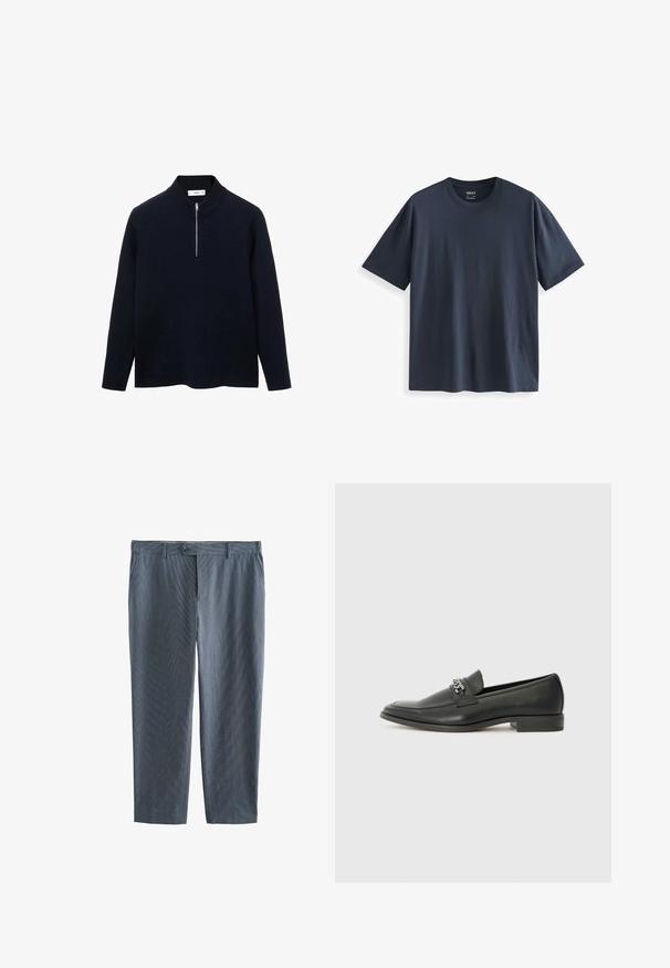 Merimustat pullover pitkillä hihoilla, korkealla kauluksella ja etupuolella puolivetoketjulla. Valmistettu pehmeästä kankaasta, jossa on rento leikkaus ja sivuhalkiot helmassa.; Laivansiniset puuvillapaidat, joissa on pyöreä kaula-aukko, lyhyet hihat ja rento leikkaus. Sileä pinta ilman näkyviä kuvioita tai koristuksia.; Miesten lyhyet housut tummansinisellä pystyraitakuviolla. Valmistettu kevyestä kankaasta, jossa on nappisulku ja vyölenkit.; Musta nahkakengät, joissa on sileä pinta, koristeelliset ompeleet ja metalliketjun yksityiskohta kengän päällä. Littee korko.