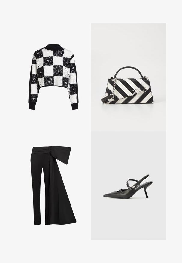 Centrēts džemperis ar melnbaltu šaha raksta mežģīņu apdari, ar vienkrāsainām melnām piedurknēm un ribinātu apkakli un aprocēm.; Melni bikses ar platu, karājošu jostu vidukļa zonā. Gluda auduma, taisnā kāju griezuma un krokām jostasvietā.; Melnas ādas slingback papēži ar norādītu purngalu, izsmalcinātu papēdi un dekoratīvu sprādzi uz priekšpuses. Gluda tekstūra un elegants dizains.; Melnām un baltām svītrām rotāta rokassoma ar strukturētu formu, ar augšējo rokturi, noņemamu ķēdes siksnu un metāla logotipa akcentu.