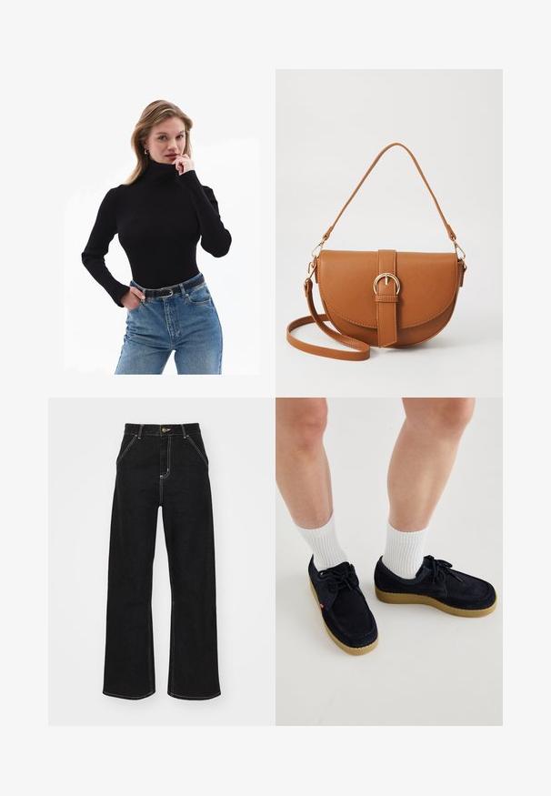 Svart ribbad polotröja med långa ärmar, tillsammans med högmidjade, ljusblå jeans och ett svart bälte.; Svarta vida jeans i denim, med kontrasterande vit sömnad och framknäppning, samt två snedställda framfickor.; Mörkblå mockaskor med rund tå, snörningsdesign och krämfärgad gummisula. Matchade med vita ribbade strumpor.; Brun läder crossbody-väska med en böjd form, gyllene detaljer och en spänneaccent. Har en avtagbar axelrem.