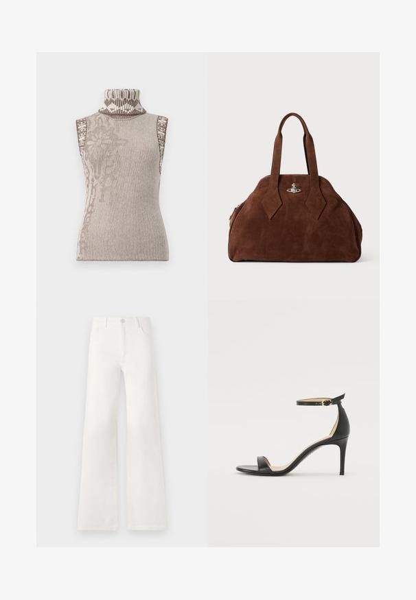 Kädetön korkeakauluksinen villa vaaleassa beigessä ja ruskeassa ribbikudoksessa. Ominaisuuksina monimutkaiset geometriset kuviot kauluksen lähellä. Pehmeä, teksturoitu kangas.; Valkoiset, korkeavyötäröiset ja leveälahkeiset farkut, jotka on valmistettu denimkankaasta. Ominaisuuksiin kuuluu napp closure, kaksi etutaskua ja sivusaumojen ompeluyksityiskohdat.; Musta nahkainen korkokenkä nilkkahihnalla. Sen pinta on sileä, avotoppi ja ohut korko. Kultasävyinen solk yksityiskohtana.; Ruskea mokkahamppari, jossa on jämäkkä muoto, pyöreä runko ja pitkät timantinmuotoiset kahvat. Varustettu hopeasävyisellä sulkumekanismilla.