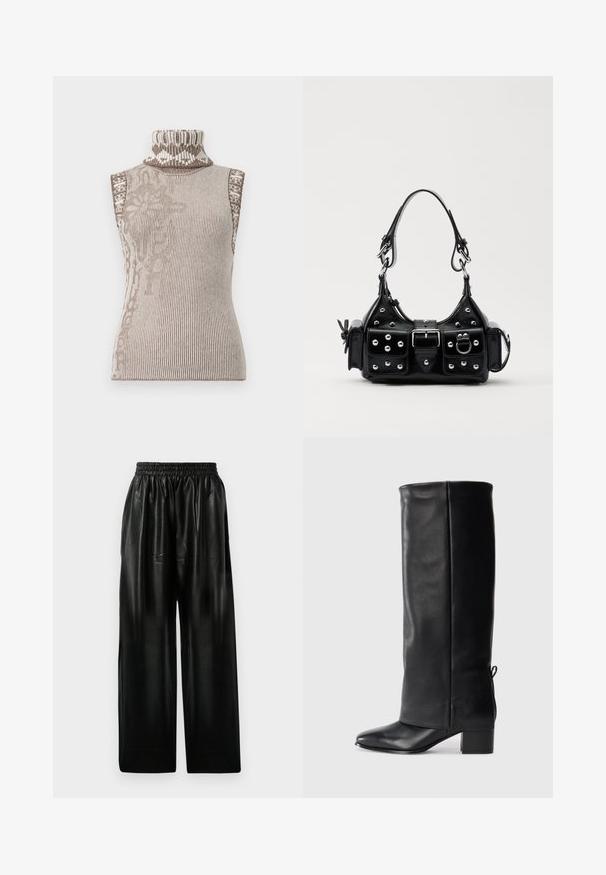 Sleeveless turtleneck sweater in cream and brown ribbed knit. Features intricate geometric patterns near the collar. Soft, textured fabric.; Black leather wide-leg pants with an elastic waistband, featuring two side pockets and a smooth, shiny texture.; Black leather knee-high boots with a smooth finish, square toe, block heel, and side tie detail for adjustable fit.; Black leather handbag with a curved design, featuring silver studs, a buckle, and two side pockets. Adjustable strap for carrying options.