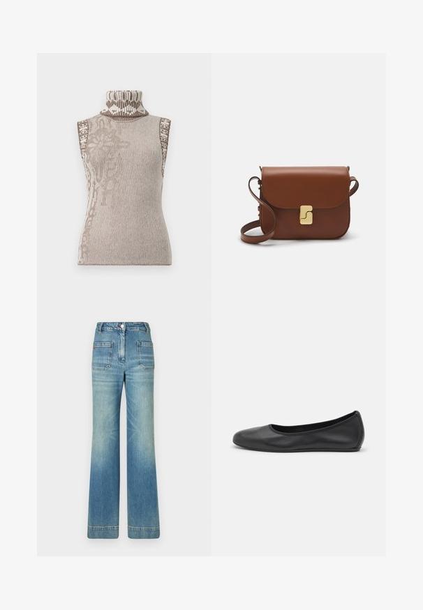 Pulover fără mâneci cu guler înalt, într-o nuanță crem și maron, din tricot cu model texturat. Prezintă modele geometrice complexe aproape de guler. Material moale, cu textură.; Jeans din denim albastru deschis, cu talie evazată, cinci buzunare, bucle pentru curea, închidere cu nasture și o textură ușor decolorată, având un detaliu cu logo roșu pe spate.; Balerini din piele neagră, cu vârf rotund, textură netedă, detalii de cusătură minimale și un design al tălpii flexibil.; Geantă de piele maro cu închidere tip capac, accesorii de culoare aurie, curea de umăr și o textură netedă. Formă compactă și rectangulară.