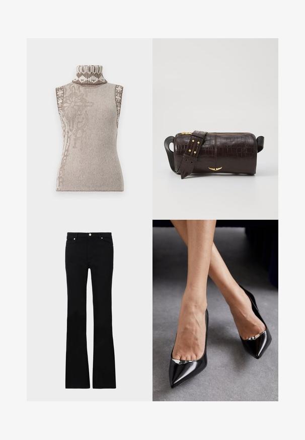 Beżowy sweter bez rękawów z wysokim kołnierzem, wykonany z prążkowanej dzianiny w odcieniach kremowym i brązowym. Posiada złożone geometryczne wzory przy kołnierzu. Miękka, teksturowana tkanina.; Czarne dzwony z denimu, z dwoma przednimi kieszeniami, zapięciem na guzik i gładką fakturą. Widoczne charakterystyczne szycie na szwach.; Czarne skórzane szpilki z ostrym noskiem i otwartym wzorem, ozdobione dekoracyjnym srebrnym akcentem. Gładka tekstura z polerowanym wykończeniem.; Brązowa torba ze skóry z tłoczeniem krokodyla w kształcie cylindrycznym, z metalowymi elementami w kolorze złotym oraz odczepianym paskiem z ćwiekami.
