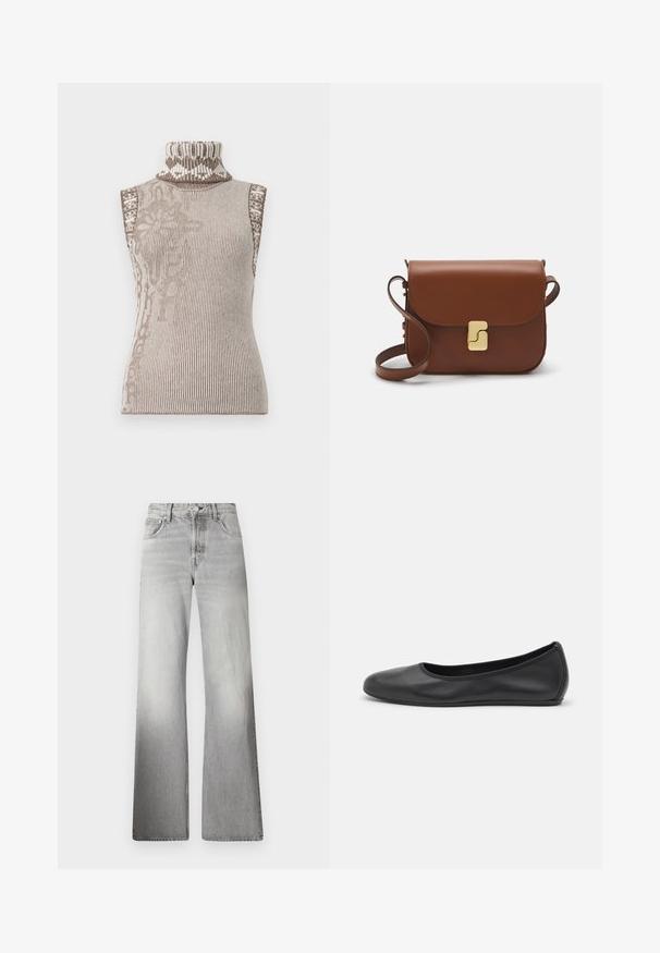 Beiginės ir rudos spalvos be rankovių golfas, megztas su įtraukiančiais geometriniais raštais aplink apykaklę. Minkšta, tekstūruota medžiaga.; Pilkos denimo platesnės kelnės, turinčios aukštą liemenį, nudegintą tekstūrą, penkias kišenių ir užtrauktuką su mygtuko uždarymu.; Juodai odiniai baletai su apvaliu pirštu, lygi texture, minimalus siuvimo detales ir lanksčiu padų dizainu.; Ruda odinė rankinė su uždaromu dangteliu, aukso spalvos detalėmis, petneša ir lygiu paviršiumi. Kompaktiška stačiakampio formos.