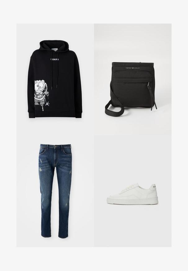 Black hoodie with a graphic of a cartoon character in gray and white. Features a front pocket and drawstring hood, made of soft fabric.; Dark blue denim jeans with slim fit, slight distressing on thighs and knees, classic five-pocket design, and button closure.; White leather sneaker with a smooth finish, round toe, flat laces, and a textured sole. Features a subtle logo on the heel.; Black Emporio Armani crossbody bag with front zipper pocket, adjustable strap, and logo detail on textured fabric.