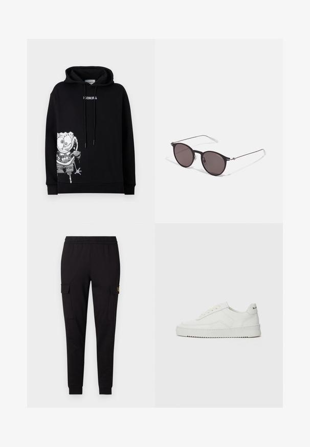 Svart hoodie med en grafik av en serietidningskaraktär i grått och vitt. Har en framficka och dragsko med huva, tillverkad av mjukt tyg.; Svarta sweatpants gjorda av mjukt material, med en tapered ben-design och två sidofickor i cargostil med en subtil logotyp på en ficka.; Vita lädersneakers med en jämn yta, rund tå, platta snörningar och en strukturerad sula. Har en diskret logotyp på hälen.; Svarta runda solglasögon med mörka linser och smala metallarmar. Inkluderar klara tempeltips och silverdetaljer vid gångjärnet. Minimalistisk design.
