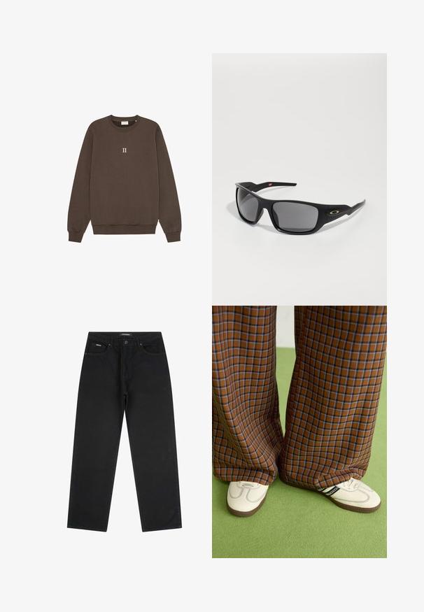 Sudadera marrón de algodón, con cuello redondo, puños de canalé y un pequeño logo "II" centrado en el pecho. Textura suave.; Jeans negros de pierna recta con botón y cremallera en la parte frontal, pasadores para cinturón y diseño de cinco bolsillos, colocados en plano sobre un fondo blanco.; Pantalones de pata de elefante de cuadros marrones y azules combinados con zapatos blancos con detalles en negro y suelas texturizadas, sobre un fondo verde.; Gafas de sol negras con forma rectangular, fabricadas en plástico duradero, con lentes ahumados grises y un acento dorado en el lateral.