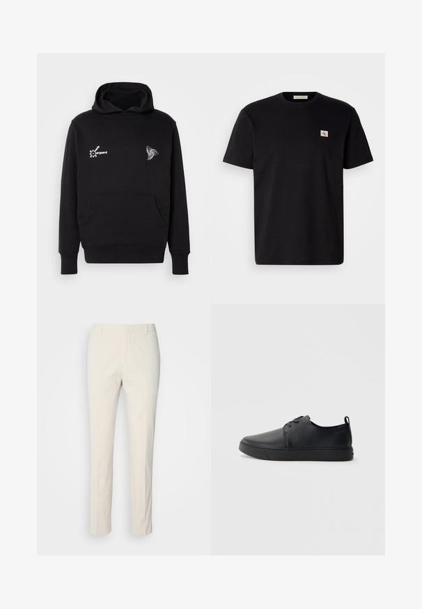 Black hoodie with a front kangaroo pocket. Features white text and geometric graphic elements on the chest. Made of soft cotton fabric.; Black cotton t-shirt with short sleeves, crew neck, and a small embroidered logo on the left chest. Smooth texture, regular fit.; Cream-colored tailored pants with a textured fabric. Features a straight leg design, belt loops, and two front pockets. No patterns.; Black leather sneaker with a smooth finish, rounded toe, tonal stitching, lace-up front, and a flat rubber sole. Loop at the heel.