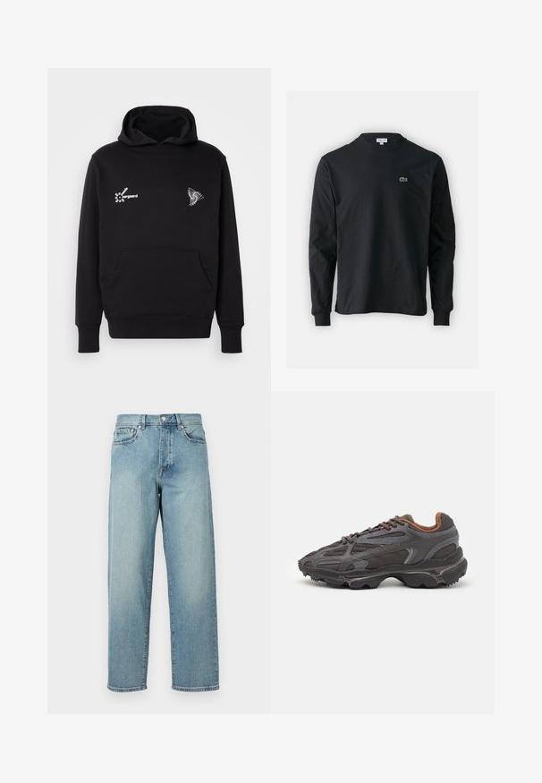 Melna kapuce ar priekšējo kangurū kabatu. Uz krūškurvja ir baltas krāsas teksts un ģeometriskie grafiskie elementi. Izgatavota no mīksta kokvilnas auduma.; Melna garām piedurknēm t-krekls, izgatavots no kokvilnas, ar apaļu kakla izgriezumu un mazu zaļu izšūtu krokodila logo kreisajā krūtī.; Gaiši zili džinsi ar brīvu piegriezumu, taisnām kājām, piecu kabatu dizainu un pogu aizdari jostasvietā. Minimālistiski izšuvumi.; Lacoste kedas tumši pelēkā krāsā ar acu audumu un sintētisko materiālu, ar teksturētu zoli un brūniem akcentiem apkaklītē un zīmola uzrakstā.