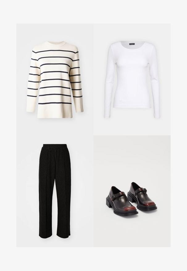 Pulover crem cu dungi orizontale bleumarin, având un guler rotund cu nervuri și mâneci lungi, realizat dintr-un material moale și texturat.; Top alb cu dungi, cu mânecă lungă și guler rotund. Fabricat dintr-un material elastic care se îmbină cu corpul. Are linii orizontale subtile.; Pantaloni negri, cu picioare largi, cu dungi verticale albe, având un brâu elastic pentru confort și o textură netedă, moale.; Pantofi cu toc pătrat din piele, cu o finisare lucioasă de burgundă închisă, având o curea cu cataramă și un design cu vârf rotund. Talpa texturată pentru aderență.