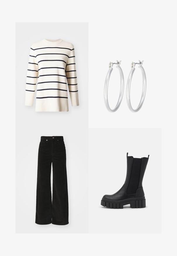 Maglione crema con righe orizzontali blu navy, caratterizzato da un colletto a girocollo a coste e maniche lunghe, realizzato in morbido tessuto testurizzato.; Pantaloni wide-leg in corduroy neri con vita alta, dotati di due tasche frontali e chiusura con bottone metallico. Tessuto testurizzato con righe verticali.; Stivale alla caviglia nero con una combinazione di pelle sintetica e pannelli laterali elasticizzati. Suola piattaformata chunky con scanalature verticali per una migliore aderenza.; Orecchini a cerchio in argento con una finitura liscia e lucida. Forma rotonda e chiusura a scatto sicura. Design leggero adatto per l'uso quotidiano.