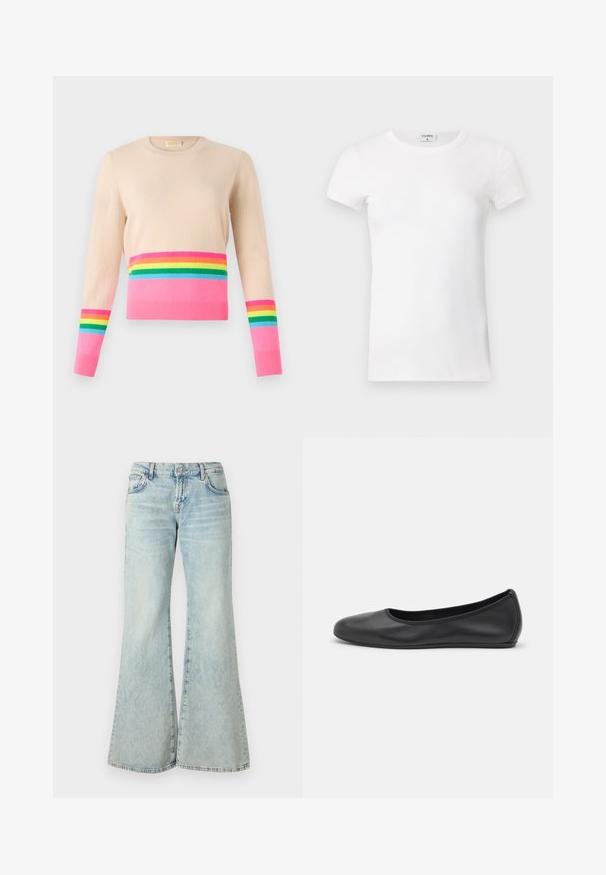 Beesvärd pika pikad varrukad, millel on horisontaalne roosa riba ja vikerkaare triibud roheline, sinine, kollane ja punane alumises osas ning varrukatel.; Valge ribaga lühikeste varrukatega T-särk ümmarguse kaelusega. Kude tundub siledana ja see on keha lähedal istuv. Brändi silt on nähtav krae juures.; Heledad sinised flared teksad, mis on valmistatud denimist, kõrge vöökoha, taskute ja kulunud äärtega. Kangas näitab tuhmumist ja peent tekstuuri.; Musthave mustika tantsutossud mustast nahast, ümmarguse varbaga, siledast tekstuurist, minimaalse õmblusdetailiga ja paindliku tallakujundusega.