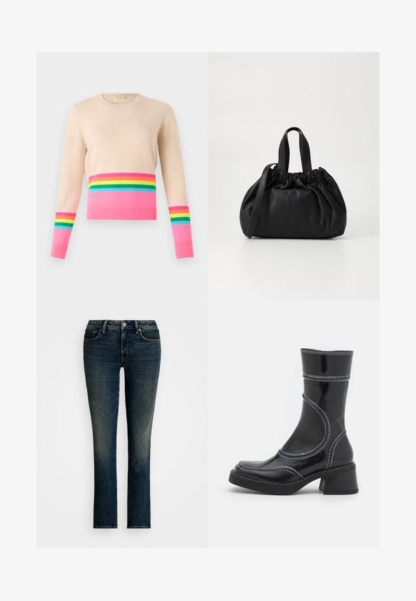 Beige színű, hosszú ujjú pulóver, vízszintes rózsaszín csíkkal és zöld, kék, sárga, valamint piros színű szivárvány csíkokkal az alján és az ujjakon.; Sötétkék farmernadrág egyenes szabással, öt zsebbel és elől világos kopással. Ezüst gomb és cipzár zárás.; Fekete lakkbőr bokacsizma fehér varrással, kerek orral és blokk sarkal. Görbült formai vonalakkal és sima textúrával rendelkezik.; Fekete bőr kézitáska, összegyűrt felső dizájnnal, két rövid fülekkel és egy hosszú, állítható pánttal. Simább textúra, lekerekített forma.