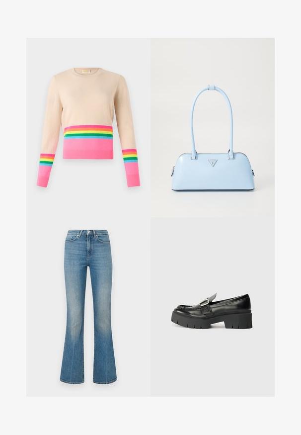 Beige Pullover mit langen Ärmeln, der an der Unterkante und an den Ärmeln einen horizontalen rosa Streifen sowie Regenbogenstreifen in Grün, Blau, Gelb und Rot aufweist.; Hellblaue Bootcut-Jeans aus Denim. Verfügt über einen Bund mit einem Knopf und einer ausgewaschenen Optik, der sich zu einem weiten Saum an den Knöcheln verjüngt.; Schwarze Leder-Lederschuhe mit dicker Gummisohle. Merkmale einen Schnallenakzent und gestickte Details entlang des Obermaterials. Flacher Absatz.; Helle blaue Handtasche mit strukturierter Form, glattem Leder, zwei Griffen und einem dreieckigen Markenlogo auf der Vorderseite. Mit Reißverschluss.