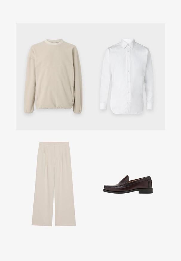 Sweatshirt din fâșie bej deschis cu guler rotund, manșete elastice și o jumătate de buzunar frontal. Textură moale, croi lejer și design minimalist.; Cămașă albă cu mâneci lungi, realizată dintr-un material de bumbac neted, cu un guler clasic și o ușoară strălucire. Cinci butoane pe față.; Pantaloni largi bej cu față plată, pliuri și bretele elastice. Construiți dintr-o țesătură ușoară, cu o textură netedă.; Loafers din piele brown, cu vârf rotund, cusături decorative în față și o talpă plată din cauciuc pentru susținere și durabilitate.