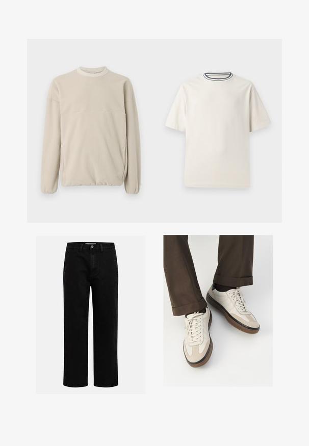 Světle béžová fleecová mikina s kulatým výstřihem, elastickými manžetami a přední kapsou. Měkká textura, volný střih a minimalistický design.; Krémové bavlněné tričko s krátkými rukávy, s kulatým výstřihem zvýrazněným námořnickými a bílými pruhy. Hladká textilní struktura, volný střih.; Černé džíny s rovnými nohavicemi, klasickým pětipocketovým designem a knoflíkovým zapínáním v pase. Hladká textura a odolná látka.; Béžové tenisky s texturovanou semišovou špičkou, hladkými koženými boky a hnědou gumovou podrážkou. Na šněrování a lehkém prošití je detail.