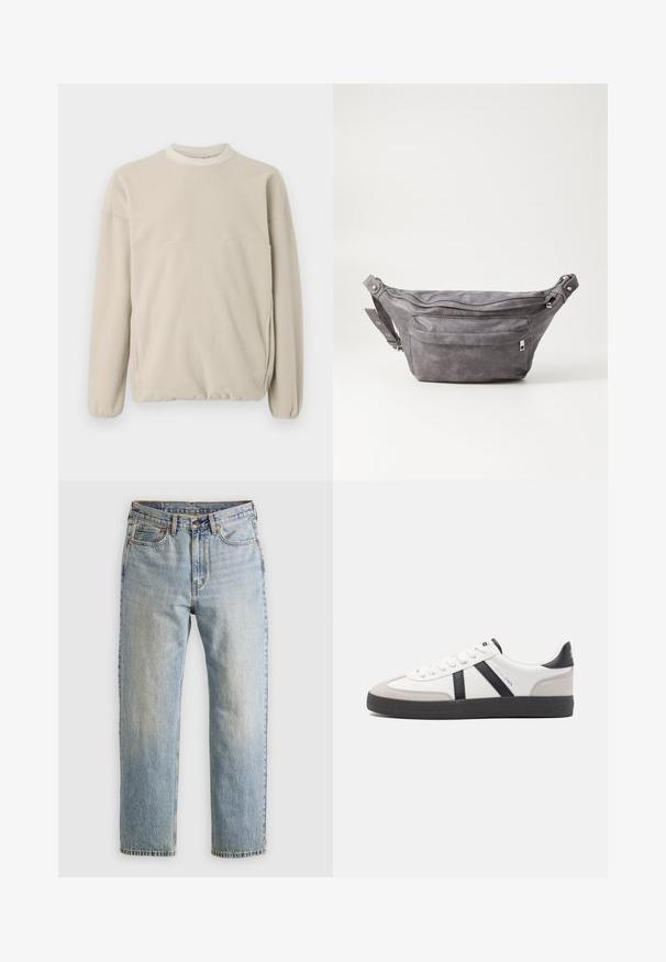 Felpa in pile beige chiaro con colletto a girocollo, polsini elasticizzati e tasca frontale. Texture morbida, vestibilità rilassata e design minimalista.; Jeans in denim azzurro chiaro con vita alta, bottone anteriore, cerniera e design a cinque tasche, adagiati su uno sfondo neutro.; Sneaker bianco con accenti neri e grigi, dotata di una punta grigia testurizzata, suola in gomma nera e lacci bianchi piatti. Design pulito, stile minimalista.; Fanny pack in suede grigio con forma arrotondata, due scomparti con cerniera e tracolla regolabile. Presenta dettagli in metallo.