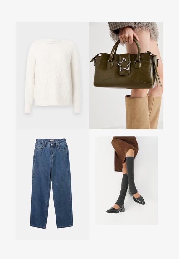 Kremowy, dziany sweter z teksturowanym wzorem w warkocze, okrągłym dekoltem i długimi rękawami. Miękki materiał, swobodny krój, jednolity kolor na całej powierzchni.; Klasyczne niebieskie dżinsy o prostym kroju, pięć kieszeni i zapięcie na guzik. Charakteryzują się średnim odcieniem i solidną teksturą.; Czarne lakierowane buty na szpilce z prostokątnym obcasem i paskiem na kostce, zestawione z szarymi prążkowanymi ocieplaczami na nogi oraz brązową zamszową spódnicą.; Oliwkowa torebka z ekoskóry z srebrnym akcentem w kształcie gwiazdy, podwójnymi uchwytami i zapięciem na zamek. Teksturowana powierzchnia i wyraźnie zarysowany kształt.