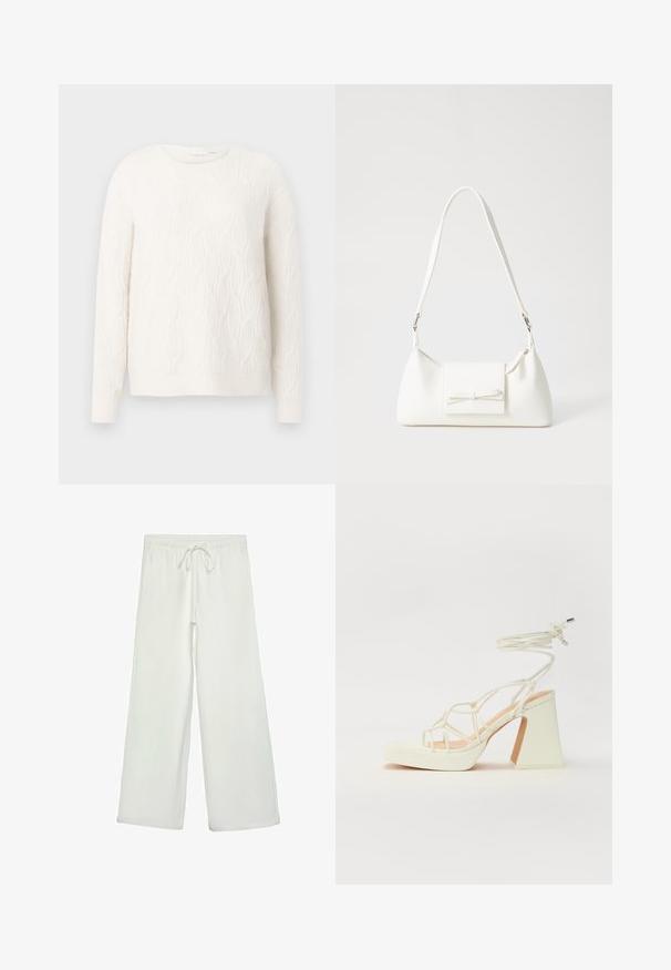 Kremowy, dziany sweter z teksturowanym wzorem w warkocze, okrągłym dekoltem i długimi rękawami. Miękki materiał, swobodny krój, jednolity kolor na całej powierzchni.; Białe spodnie o szerokich nogawkach wykonane z miękkiego materiału. Posiadają elastyczny pas ze sznurkiem i gładką teksturę. Brak widocznych wzorów lub elementów metalowych.; Biała sandał na wysokim obcasie z masywnym słupkiem, z paskowym wzorem i wiązaniem przy kostce. Gładka faktura z platformą z przodu dla dodatkowej wysokości.; Biała syntetyczna torba o trójkątnym kształcie, płaskim przednim klapce i detalach w postaci kokardy, regulowanym pasku, gładkiej fakturze oraz minimalistycznym designie.