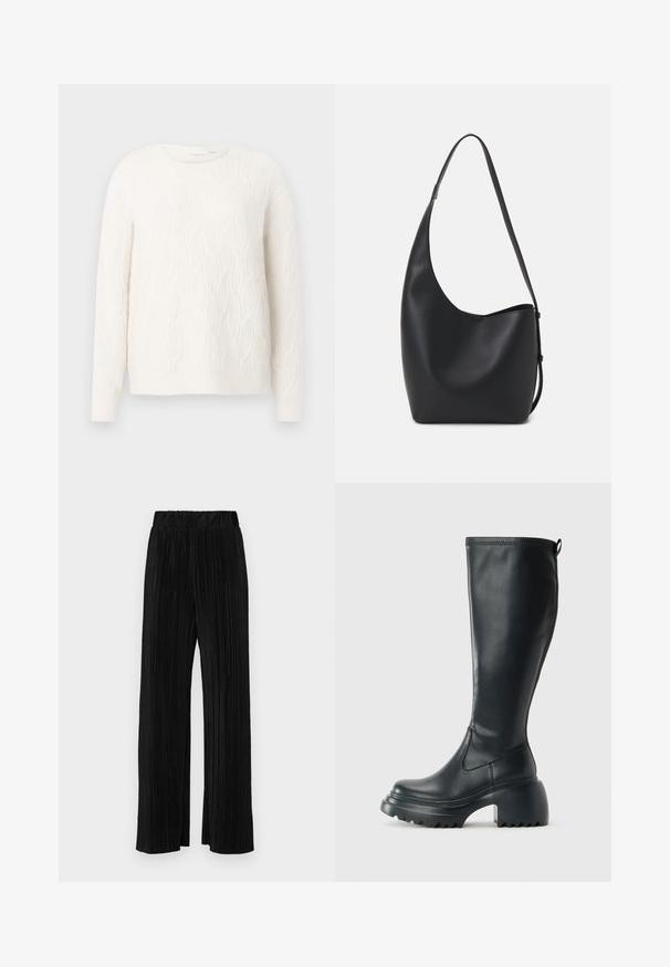 Suéter creme, de malha, com um padrão de cabo texturizado, gola redonda e mangas longas. Material suave, corte casual, cor sólida em todo o suéter.; Calças pregueadas pretas com uma cintura elástica. Apresentam pernas largas e um tecido liso, texturizado com riscas verticais.; Bota preta de couro alta com sola de plataforma robusta e salto bloco, apresentando puxador e padrão texturizado na sola.; Saco hobo preto em pele com uma textura lisa, forma curva e uma única alça ajustável; apresenta uma abertura larga na parte de cima.