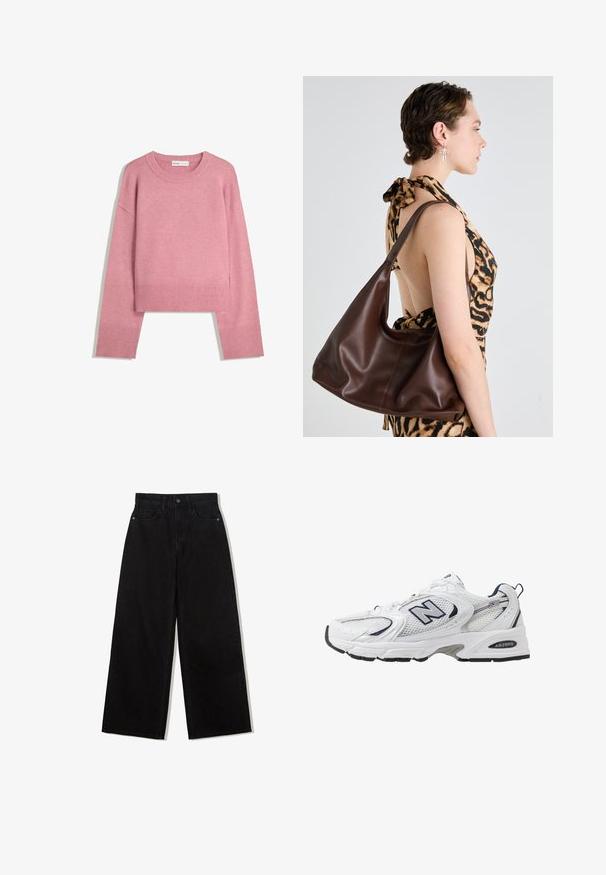 Pulover roz scurt, confecționat dintr-un material tricotat moale, având gât rotund cu bordură și mâneci lungi cu manșete ribate. Textură netedă.; Jeans negri, cu picioare largi, din denim, cu talie înaltă, având un design cu cinci buzunare și o închidere cu un singur nasture în față.; Shoe sportiv alb cu parte superioară din plasă, accente bleumarin și talpă amortizată. Are logo-ul "N", șireturi și detalii texturate pe lateral.; Geantă hobo din piele maro, cu o textură netedă, formă curbată și un singur curea de umăr, expusă pe un fundal neutru.